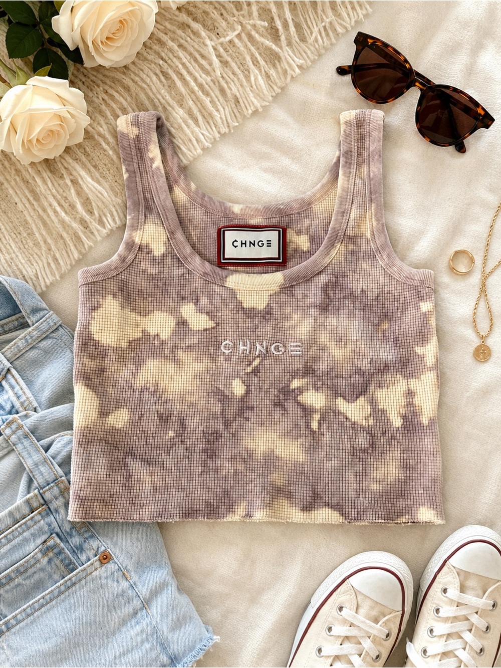 CHNGE Organic Cotton Tie-Dye Waffle Knit Crop Tank Top Purple Cream Size Small